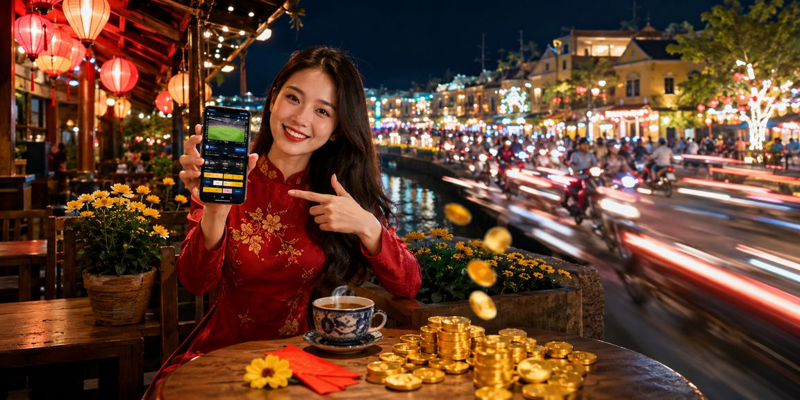 Người dùng chơi casino trên điện thoại tại quán cà phê ở Hội An